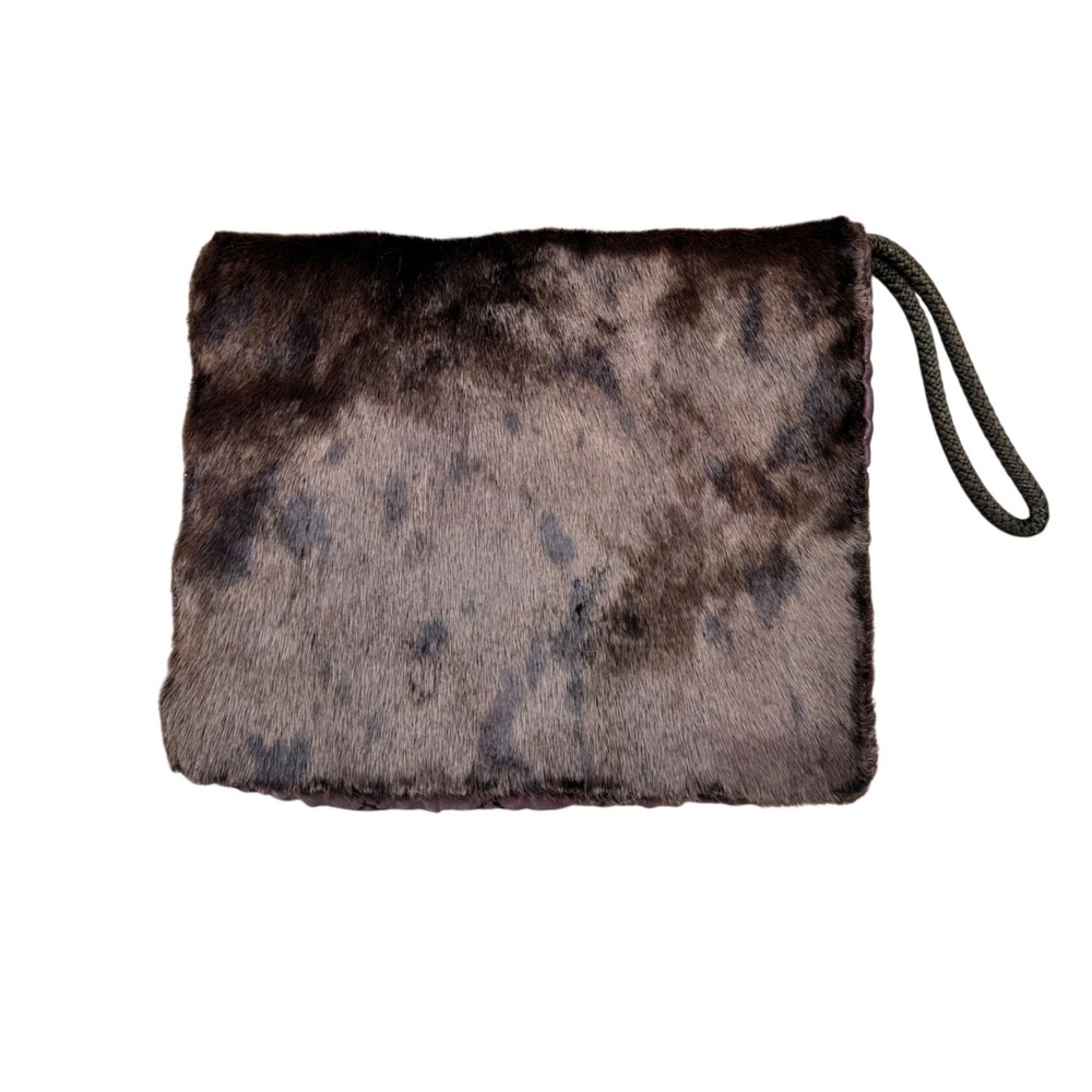 Vintage Mink Fur Hand Muff Brown Mauve Quilted Satin Zipper Pocket Wrist Strap